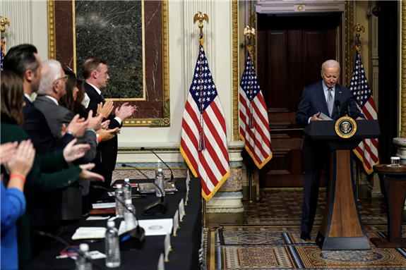 President Biden’s speech.Credit...Kent Nishimura for The New York Times