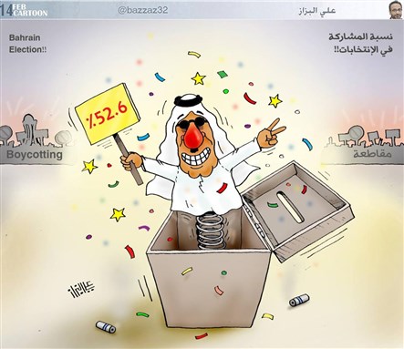 [Political cartoon showing the regime celebrating its claimed election turnout figure of 52.6 percent. Image from www.bahrainwatch.org] 