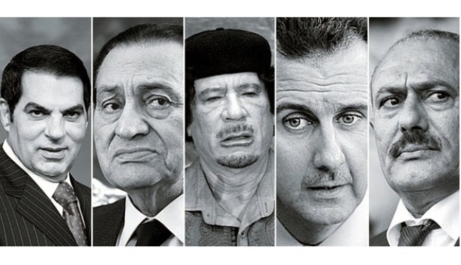 From left to right: Zine al-Abidine Ben Ali, Hosni Mubarak, Mu`ammar al-Qaddafi, Bashar al-Asad, Ali Abdullah Saleh. Image from Karl reMarks]