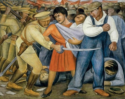 [The Uprising (1931) by Diego Rivera, Private Collection, Mexico. Image courtesy of MoMA from the exhibition \"Diego Rivera: Murals for the Museum of Modern Art.\" ]