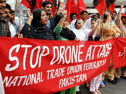 [Protest in Karachi against drone strikes. Image from EPA/The Express Tribune]