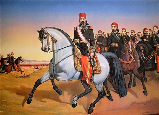 [الصادق باي مع وزرائه الأساسِيّين، من بينِهم مصطفى خزندار في المشهدِ الخلفي لوحةٌ معروضةٌ عامَ 2009 في المتحفِ العسكريّ التونسي.]