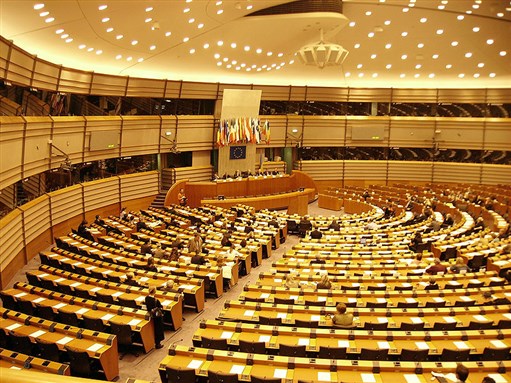 [Inside of the European Parliament in Brussels. From Wikimedia Commons.]