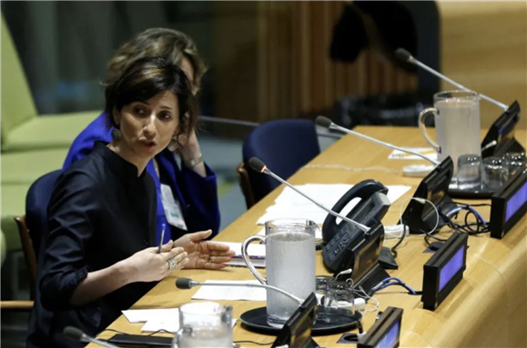 Francesca Albanese, left, delivers a speech during the UN Forum on the Question of Palestine at the UN Trusteeship Council Chamber in New York, US, May 18, 2018 [File: Atilgan Ozdil/Anadolu Agency/Getty Images]