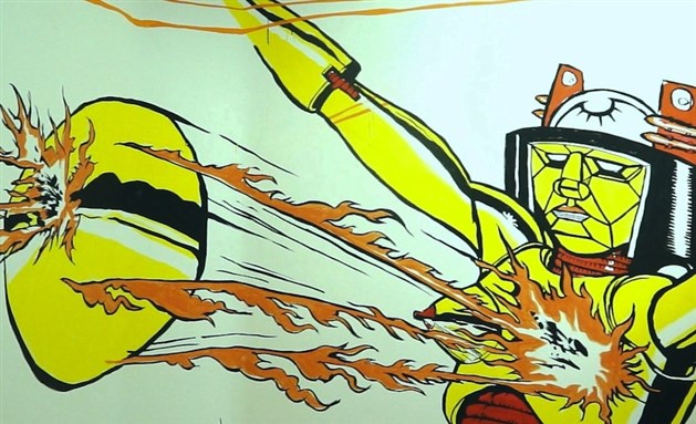 [Ganzeer`s site-specific mural was inspired by the Mazinger anime. Image courtesy of Medrar TV.]
