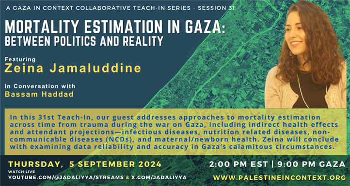 Gaza in Context: A Collaborative Teach-In Series — Mortality Estimation in Gaza with Zeina Jamaluddine (5 September)