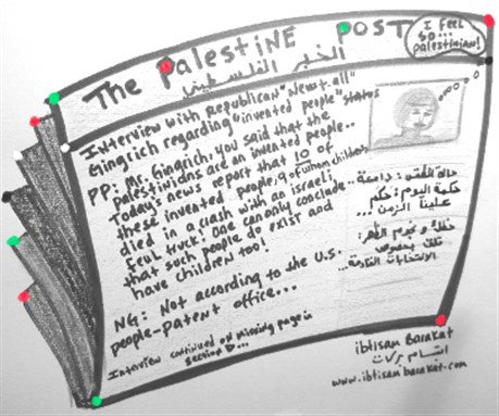 [Cartoon: Patent for an invented people. Image by Ibtisam Barakat.]