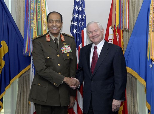 [US Secretary of Defense Robert M. Gates, right, poses for a photo with Egyptian Minister of Defense Field Marshal Mohamed Hussein Tantawi in the Pentagon on 25 March 2008. Photo from Wikimedia Commons]