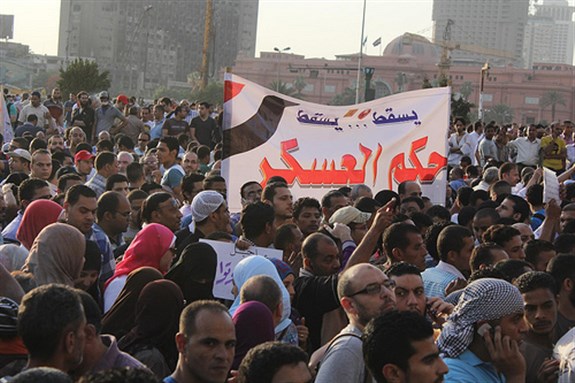 [Tahrir protests on 2 June 2012. Banner reads: \"Down, Down with Military Rule.\" Image by Gigi Ibrahim / Flickr]