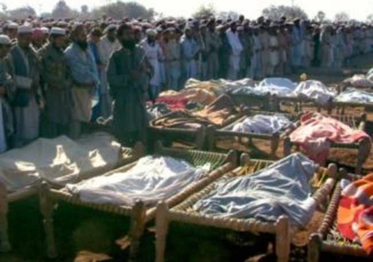 Pakistani mourners for civilians killed in US drone strike. Image from the Bureau of Investigative Journalism.]