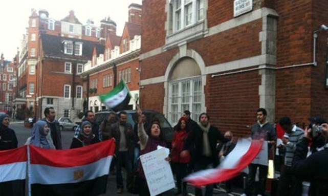 [Protesters outside Egypt`s embassy in London 21 November 2011. Image from Ahram Online]