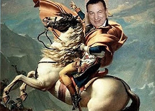 [Mubarak`s face superimposed on Jacques-Louis David`s Napoleon Crossing the Alps. Viral image from Egypt`s Sarcasm Society Facebook page].