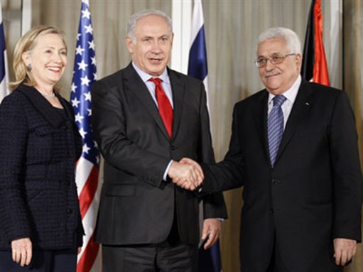 [Left to right: Hillary Clinton, Benjamin Netanyahu, Mahmoud Abbas. Image from unknown archive.]
