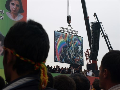 LGBT+ Kurds raise rainbow flags at Newroz celebrations in Diyarbakir in 2011. Photograph by Damla Gülmez.