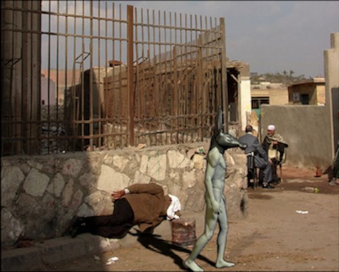 [Still image from Khaled Hafez, “On Presidents and Superheroes” (2009, video). Copyright and courtesy of the artist.]