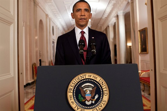 [President Obama during his announcement that Osama Bin Laden had been killed by a US Navy SEAL operation. Image from mediabistro.com]