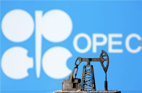 A 3D printed oil pump jack is seen in front of displayed Opec logo in this illustration picture, April 14, 2020 via Reuters by Dado Ruvic
