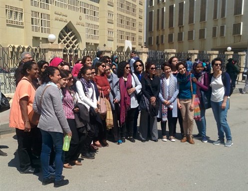 Nazra for Feminist Studies Executive Director Mozn Hassan outside the North Cairo Criminal Courthouse. Photo from Ramy Raoof`s official Twitter account.