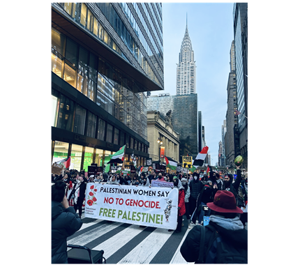 Palestinian feminists and allies march in NYC on January 12, 2024 to "shut down colonial feminism". Courtesy of the Palestinian Feminist Collective.