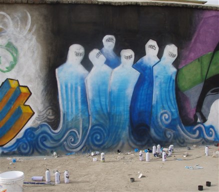 [Shamsia`s ominous figures foreshadow Afghan wounds. Image from S. Hassani.]