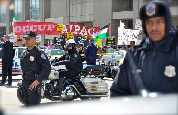 [Police officers outside the Occupy AIPAC protests in Washington, DC. Image from author.]