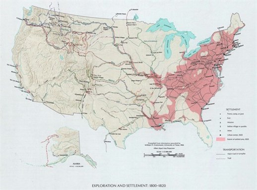 [Map of European colonial expansion/settlement of territories that become the United States, 1800-1820. Image from from The National Atlas of the United States of America (1970) via PCL Map Collection of the University of Texas at Austin Library]