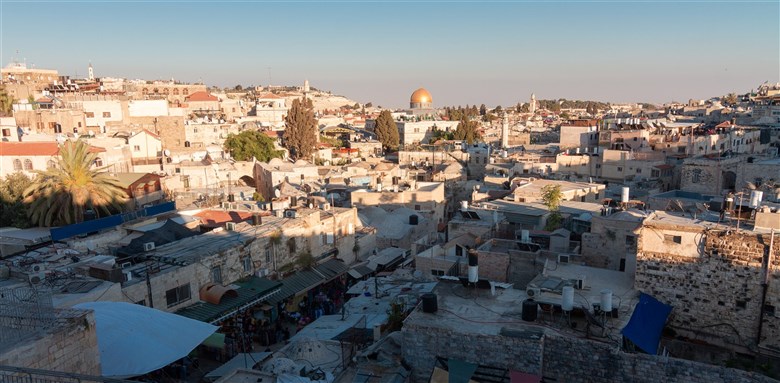Jerusalem Old City panorama, top view, arab neighbourhood via Shutterstock