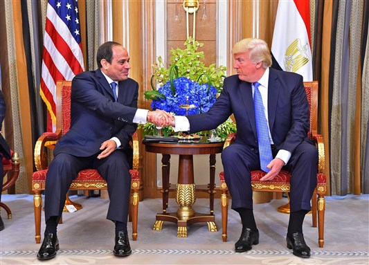 [Egyptian President Abdel-Fattah al-Sisi meets with US President Donald Trump at the Riyadh Summit. Photo from the official Facebook page of the Egyptian Presidency.]