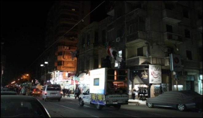 [FJP campaign truck with loud speakers on Moharam Bek street in Alexandria. Image from Ahram Online.]