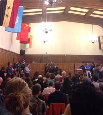 [Professor Steven Salaita during a press conference on the termination of his employment. Image provided by author.]