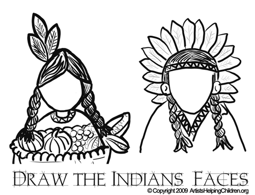 [Thanksgiving Crafts For Children, Draw The Indian Face. Image from Artists Helping Children]