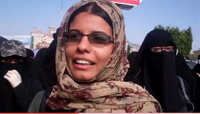 [Participant in April 16 Women`s March in Yemen. Image from youtube.com]