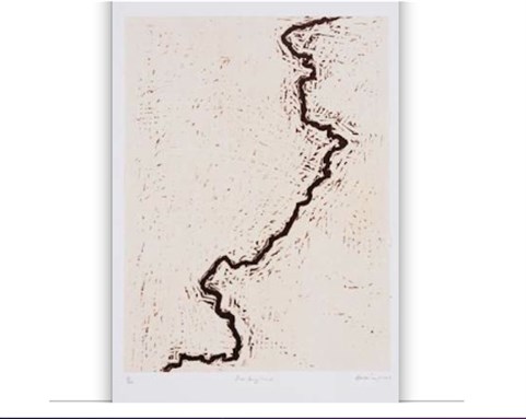 [Zarina, \"Dividing Line,\" Woodcut printed in black on Indian handmade paper mounted on Arches Cover white paper, 2001. Image courtesy of Luhring Augustine Gallery, New York.]